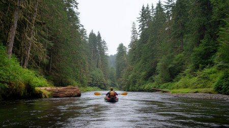 A person kayaking through a winding river surrounded by dense forests, embracing the spirit of outdoor adventure.の素材