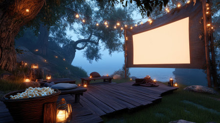 A dreamy outdoor movie setup with a flickering screen, rustic wooden benches, and a basket of fresh popcorn.の素材