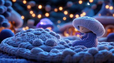 A warm and cozy knitted world where everything, from the sky to the streets, is woven from soft yarn.の素材