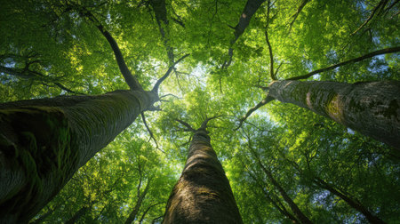 A canopy of towering trees seen from below, with multiple exposure blending soft hues of green and gold.の素材