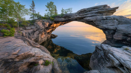 Ethereal rock arch at the water edge, golden light trails mirroring its elegant curves, deep blue hour sky blending into infinityの素材