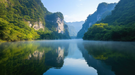 A serene lake surrounded by towering mountains, with mist hovering over the water, showcasing the beauty of nature.の素材