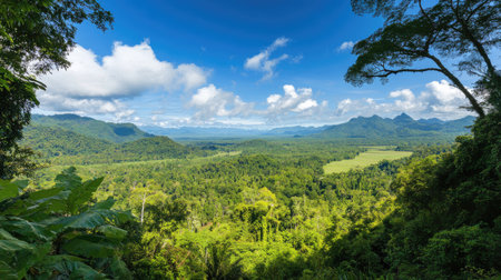 A panoramic view of a tropical jungle, offering a glimpse into a wild and adventurous travel destination.の素材