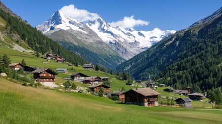 A picturesque mountain village with charming stone houses, offering a perfect vacation destination.の素材