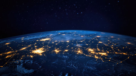 Futuristic cityscape with constellation-like data points glowing in night sky, business intelligence mapped in starlight effectの素材