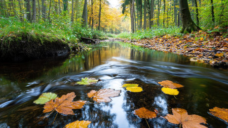 A peaceful river flowing through a dense forest, with colorful autumn leaves reflecting in the water.の素材