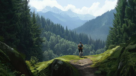 A mountain biker cycling through a rugged trail surrounded by breathtaking forest views.の素材