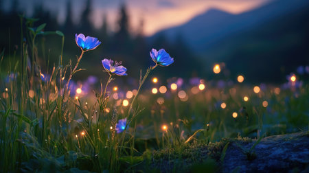 Twilight wind sways glowing wildflowers, bioluminescence pulses gently, layered exposure capturing depth and movement, spiral eleganceの素材