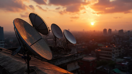 A silhouette of multiple satellite dishes and antennas on a high-rise rooftop with an urban cityscape in the background.の素材