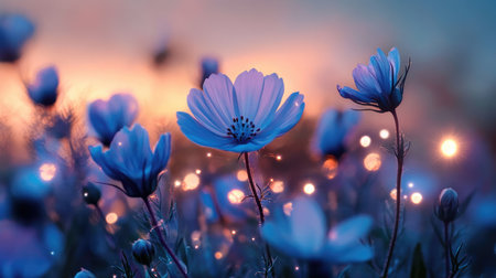 Dreamlike wildflowers dancing under a twilight sky, luminous petals radiating soft glow, layered with multiple exposure, spiral harmonyの素材