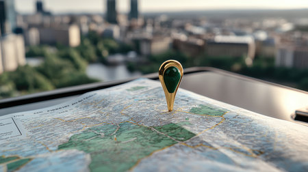 A close-up of a map with a pin marking a travel destination, symbolizing the excitement of planning a trip.の素材