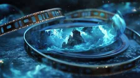 Abstract composition of blue film frames with subtle lighting effects and a dreamy, vintage movie reel theme.の素材
