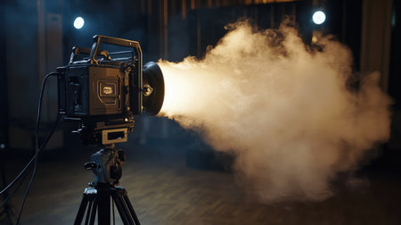 Dust dances in the projector light beam as classic black-and-white film plays on a blank wall, filling the room with old Hollywood charm.の素材