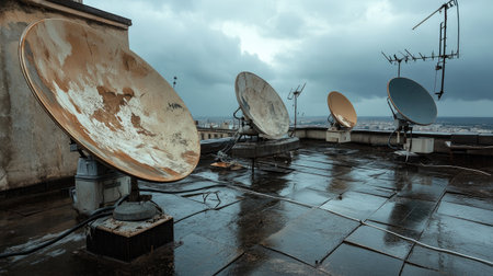 Satellite dishes and radio antennas on an aged rooftop, framed by a stormy sky in the background.の素材