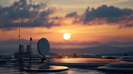 Rooftop communication equipment silhouetted against a glowing sunrise, representing the evolution of technology.の素材
