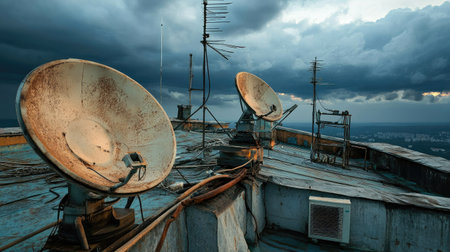 Satellite dishes and radio antennas on an aged rooftop, framed by a stormy sky in the background.の素材