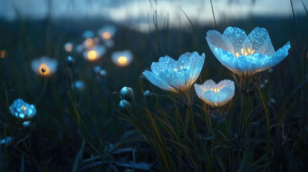 Bioluminescent wildflowers shimmering in twilight, gently moving with the wind, multiple exposure blending creates a surreal atmosphereの素材