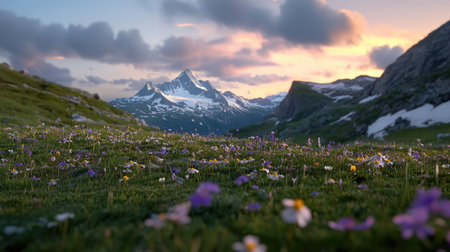 A scenic mountain valley covered in wildflowers, with snow-capped peaks in the distance and a vibrant sky above.の素材