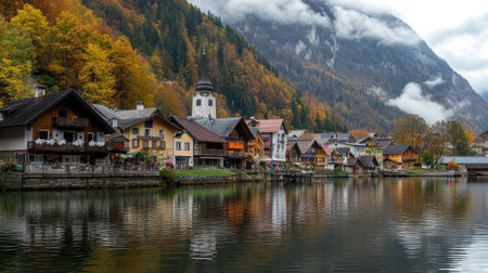 A picturesque village by a lake surrounded by autumn trees, reflecting the stunning scenery.の素材