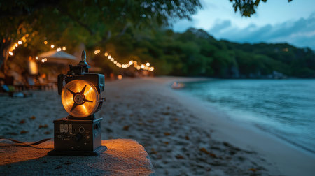 An antique film projector spins its reels, casting a warm, flickering glow onto a blank wall in a dimly lit room, evoking vintage nostalgia.の素材