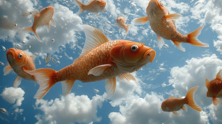 A dreamlike landscape with floating fish in the sky.の素材