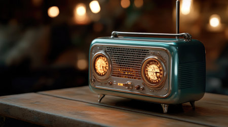 A retro radio with glowing dials sitting on a wooden table.の素材