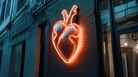 A neon sign in the shape of a heart glowing in the dark.の素材