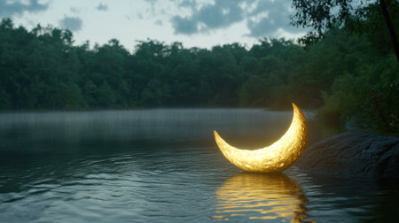 A glowing crescent moon resting on a quiet lake surface.の素材
