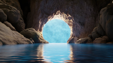 A mysterious cave entrance glowing with blue light.の素材