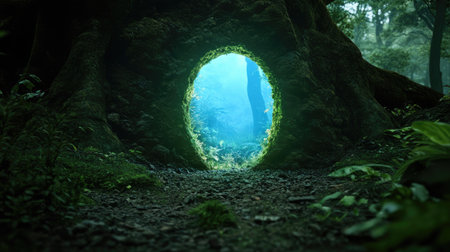 A mysterious door in the middle of a forest, glowing with magical light.の素材