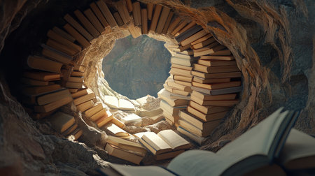 A tunnel made entirely of books, leading into the unknown.の素材
