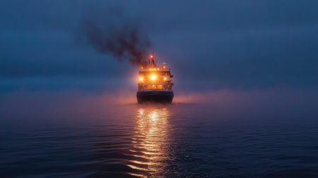 A ship sailing through thick fog with only its lights visible.の素材
