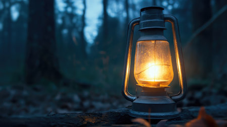 A rustic lantern glowing softly in a dark, misty forest.の素材