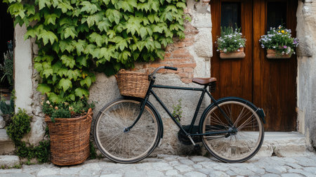A nostalgic old-fashioned bicycle leaning against a brick wall.の素材