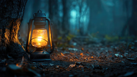 A rustic lantern glowing softly in a dark, misty forest.の素材