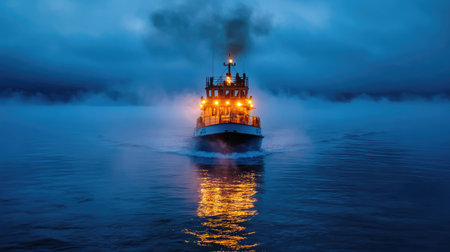 A ship sailing through thick fog with only its lights visible.の素材