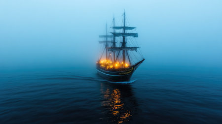 A ship sailing through thick fog with only its lights visible.の素材