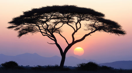 A silhouette of a lone tree against a dramatic sunset.の素材