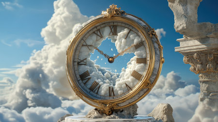 A surreal clock with melting numbers against a dreamy backdrop.の素材