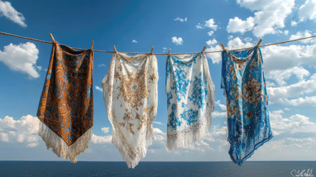 Breezy summer kaftans hanging on a clothesline against a blue sky.の素材