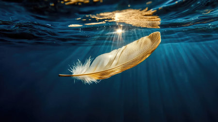 A single floating feather illuminated by a beam of light.の素材