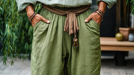 Fashionable wide-leg trousers draped elegantly, soft fabric texture.の素材