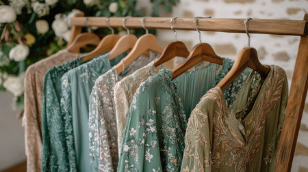 Lightweight floral kimono displayed on a wooden rack with fresh flowers in the background.の素材