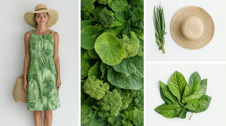 Breezy summer dress with tropical leaf patterns, styled with casual sandals and a straw bag.の素材