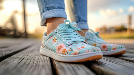 Colorful floral sneakers with light denim, laid out on a wooden floor for a spring vibe.の素材