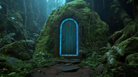 A mysterious door in the middle of a forest, glowing with magical light.の素材