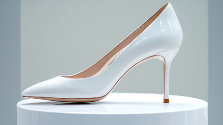 Designer stiletto heels on a white pedestal, sharp and elegant aesthetic.の素材
