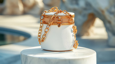 Luxury handbag with gold chain on a minimalist pedestal, soft light, stylish and modern design focus.の素材