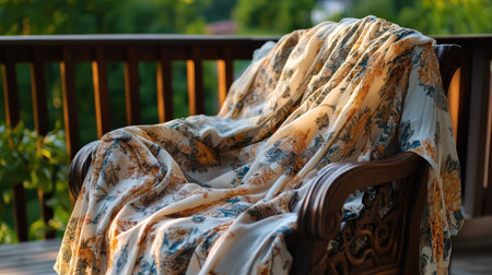 Elegant summer dress with soft floral patterns, draped over a chair with light streaming in.の素材