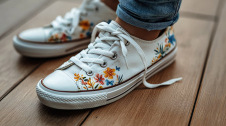 Colorful floral sneakers with light denim, laid out on a wooden floor for a spring vibe.の素材